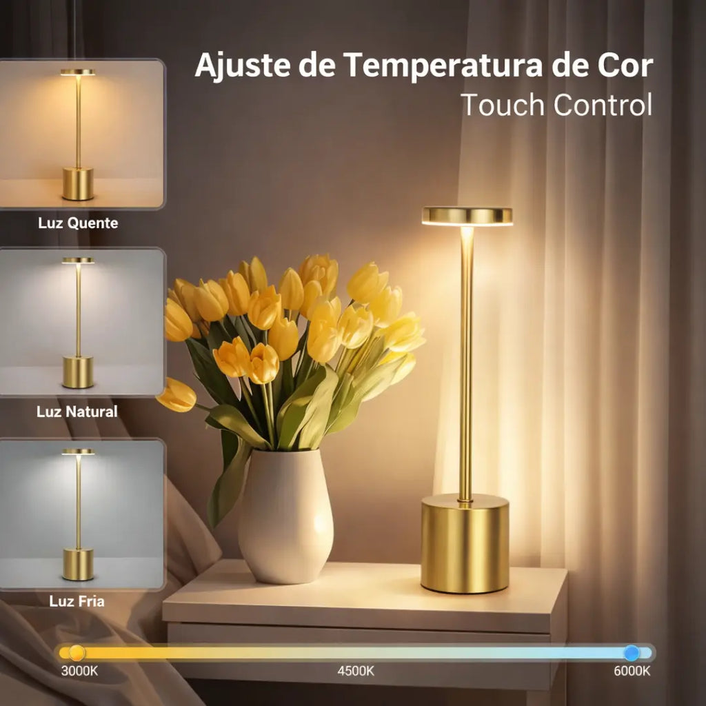 Florença Touch Luminária de Mesa Recarregável com Iluminação Ajustável Sem Fio