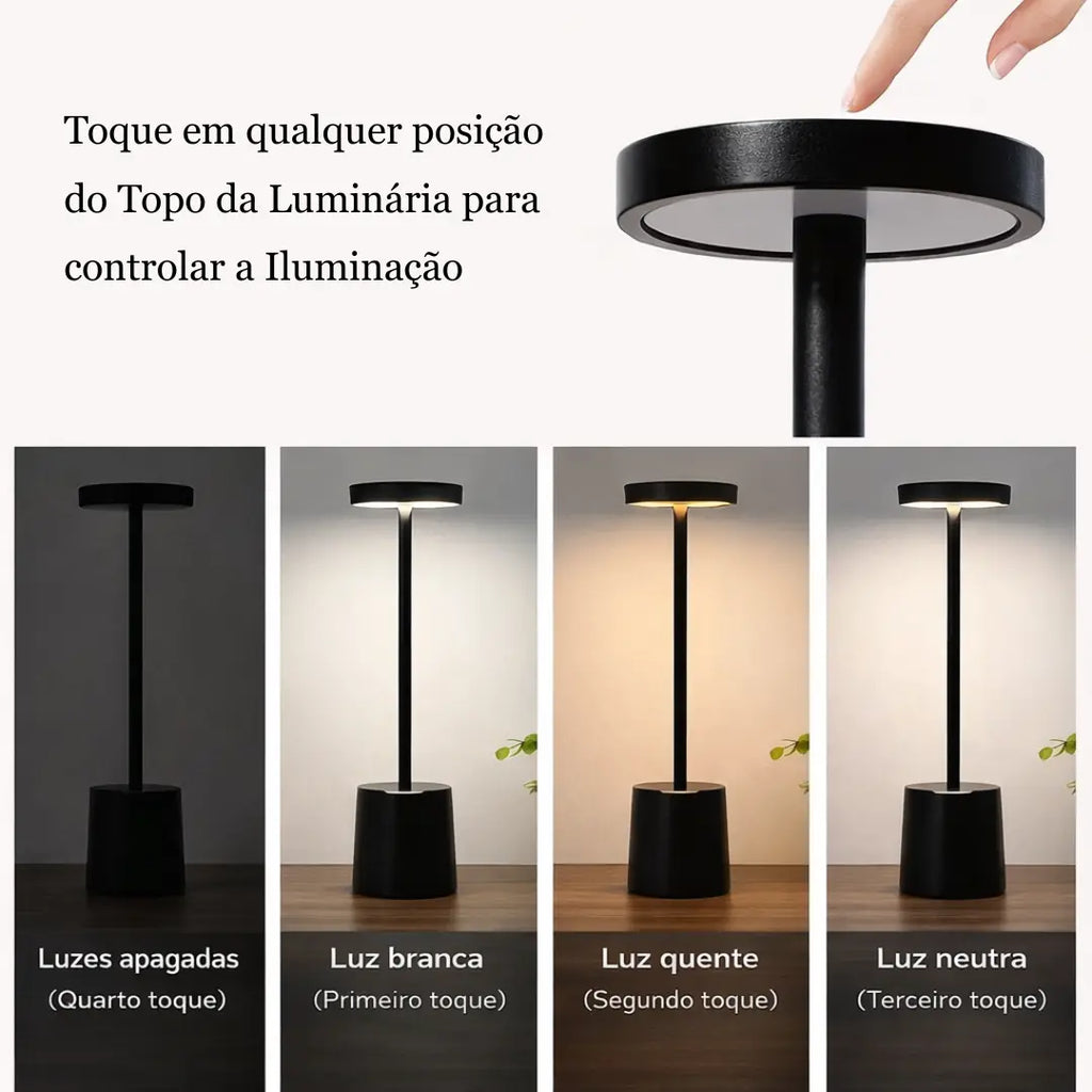 Florença Touch Luminária de Mesa Recarregável com Iluminação Ajustável Sem Fio